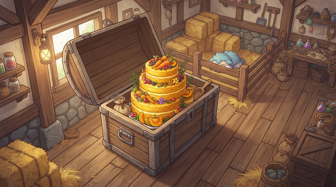 Palworld breeding farm chest stocked with Deluxe Vegetable Cake for mutation farming